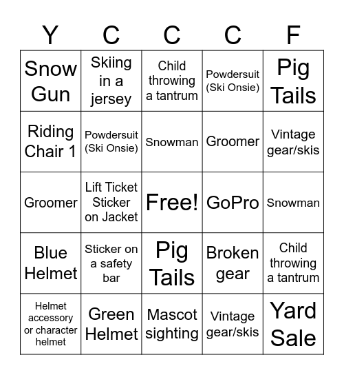 YCCCF Ski Day Bingo Card