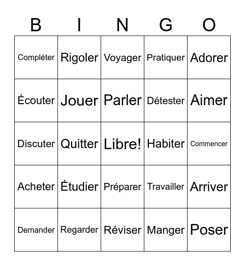 er Verbs Bingo Card