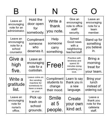 Staff Kindness Challenge Bingo Card