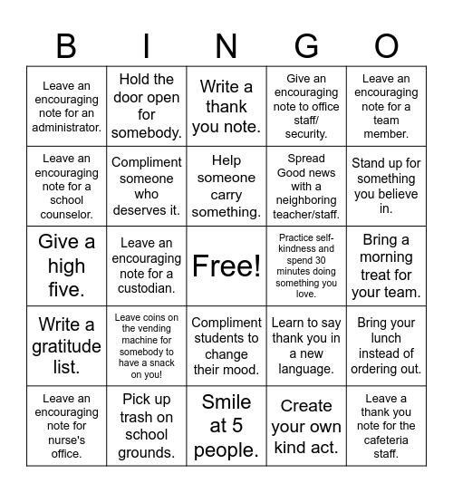 Staff Kindness Challenge Bingo Card