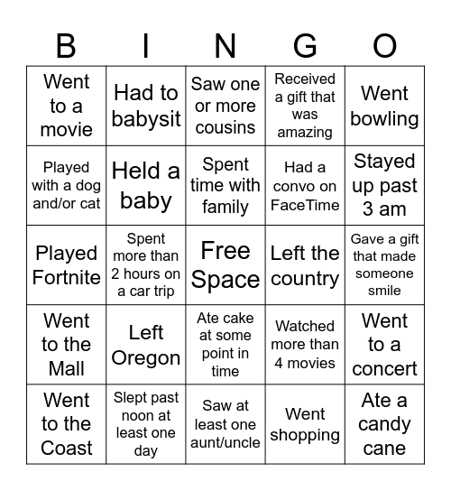 Over winter break...Find someone who.... Bingo Card