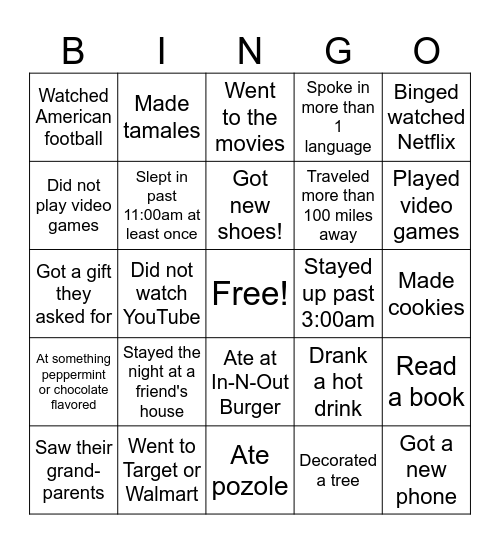 Return from winter break bingo! Bingo Card