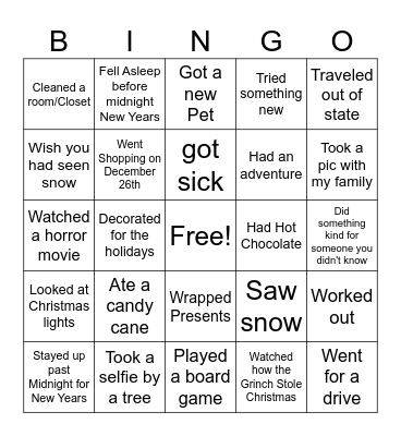 Winter Break Bingo Card