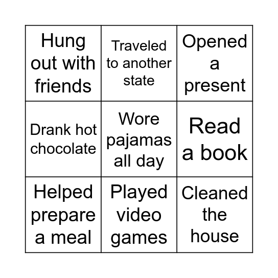 Winter Break Bingo Card