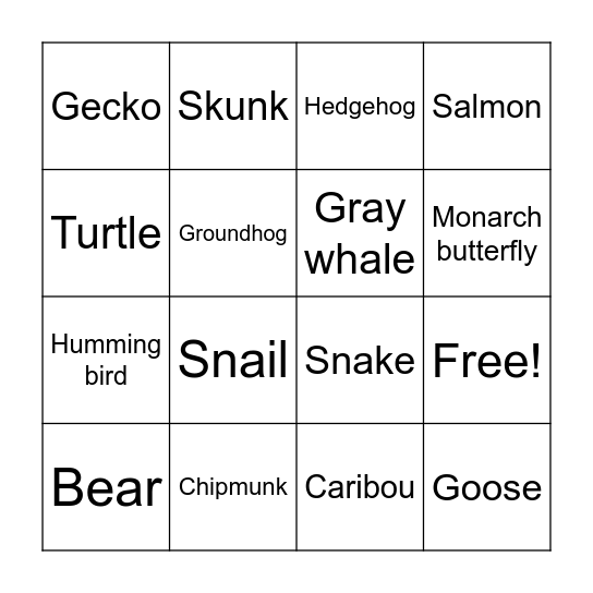 Hibernating + Migrating Animal Bingo Card