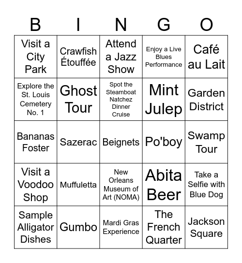 The NOLA Experience Bingo Card