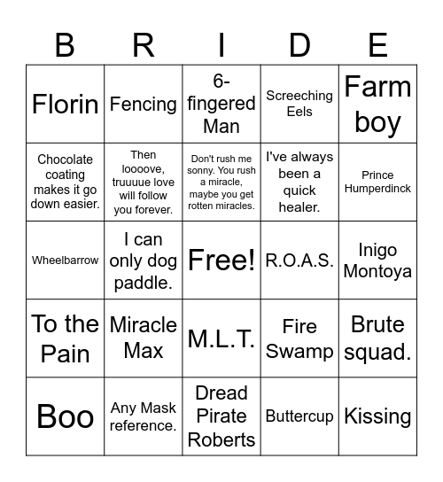 Princess Bride Bingo Card