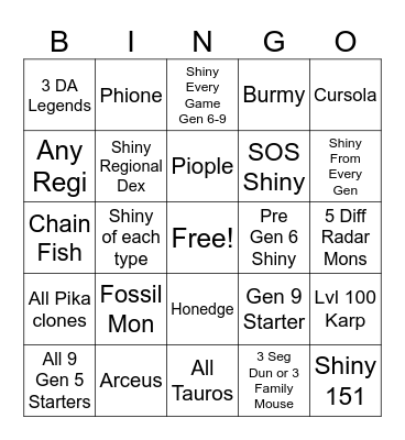 Shiny Pokemon 2024 Bingo Card