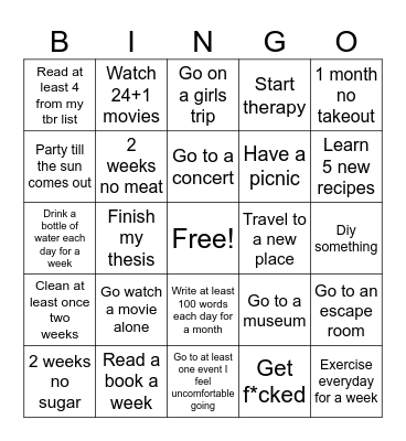 New year's resolutions Bingo Card