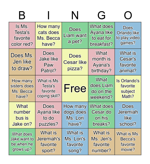 Our Class Bingo Card