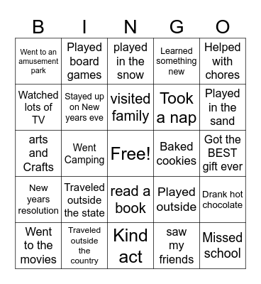 Winter Break Bingo Card