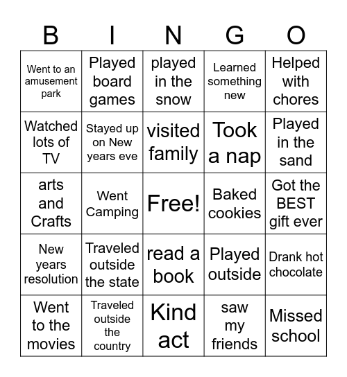 Winter Break Bingo Card