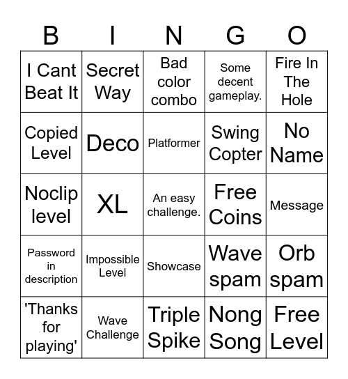 GD: Recent Level Bingo Card