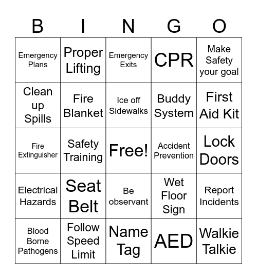 Safety Bingo Card