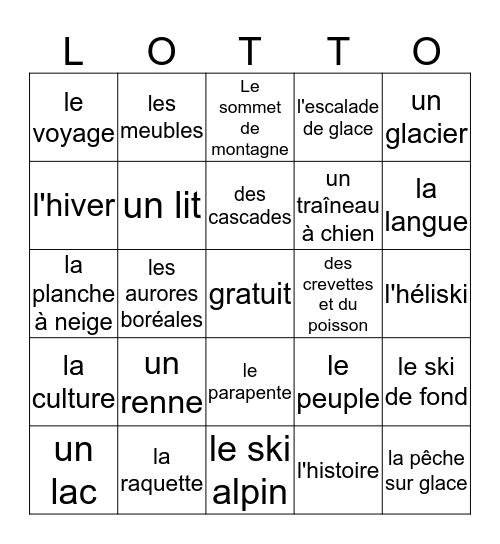 Destinations d'hiver Bingo Card