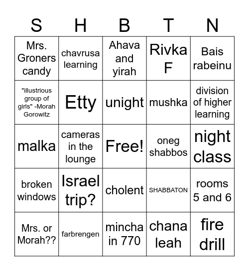 SHABBATON 5784 Bingo Card