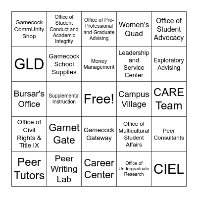 Campus Resources Bingo Card