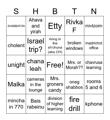 SHABBATON 5784 Bingo Card