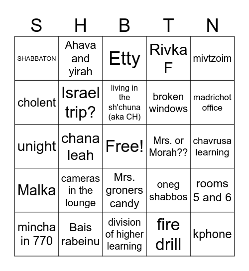 SHABBATON 5784 Bingo Card