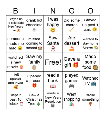 Winter Break Bingo Card