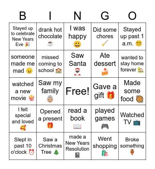 Winter Break Bingo Card