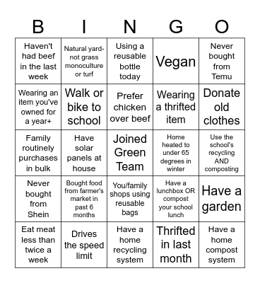 Carbon Footprint Bingo Card