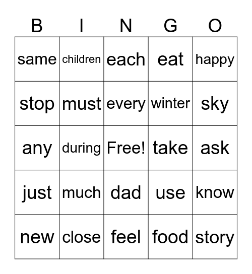 2nd Grade Bingo Card