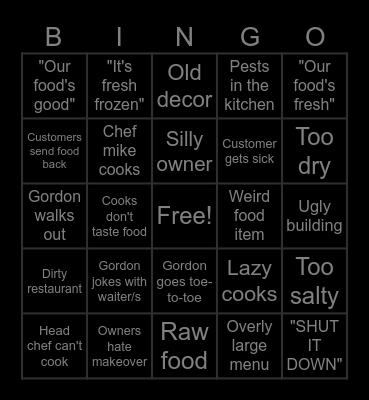 Kitchen Nightmares Bingo Card