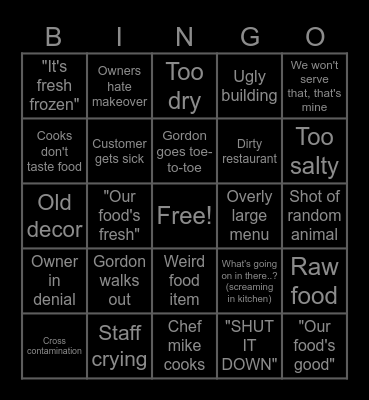 KITCHEN NIGHTMARES BINGO Card