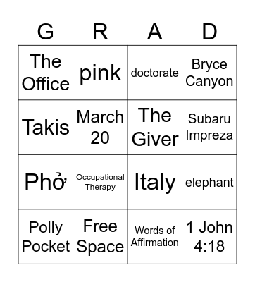 Grace's Graduation Gala Bingo Card