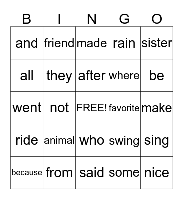 SIGHT WORDS Bingo Card