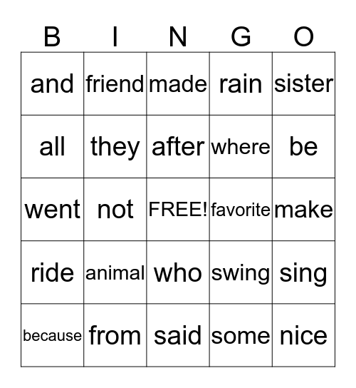 SIGHT WORDS Bingo Card