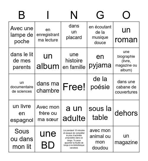 Bingo de lecture à la maison Bingo Card