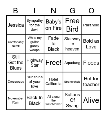 Legendary Guitar Solos Bingo Card