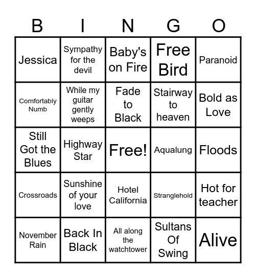 Legendary Guitar Solos Bingo Card