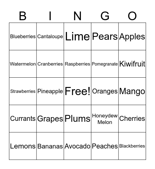 Fruit  Bingo Card