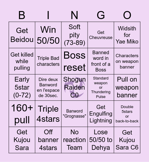 Pull Session Shogun Bingo Card