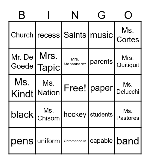 St. Bernadette Catholic Schools Week BINGO Card