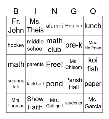 St. Bernadette Bingo Card