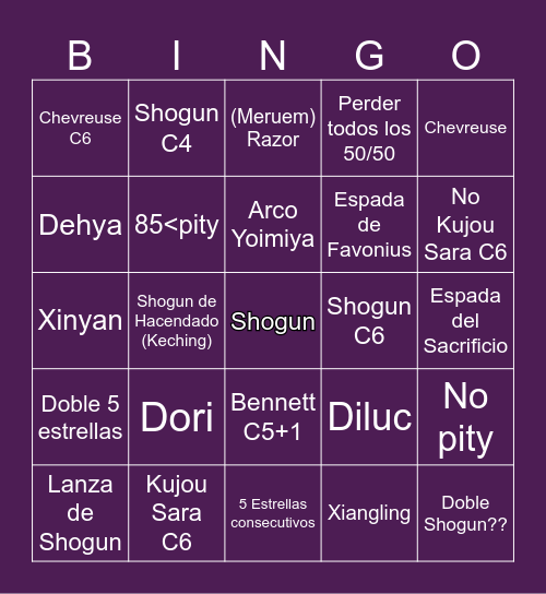 Shogun Shogun Shogun Shogun Shogun Bingo Card