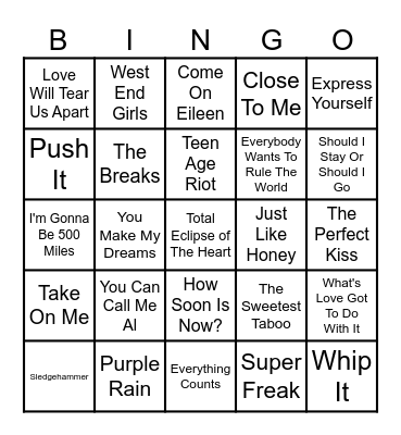 80's Pop Bingo Card