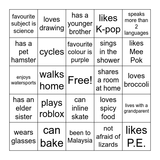 5SE Name Bingo Card