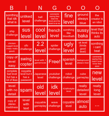 recent tab bingo (geometry dash) Bingo Card