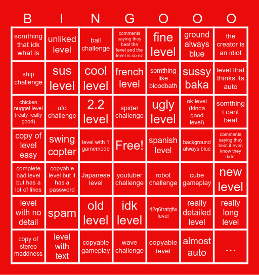 recent tab bingo (geometry dash) Bingo Card
