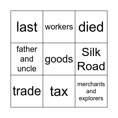 Marco Polo Bingo Card