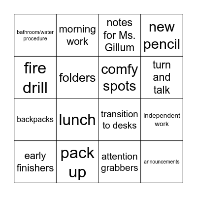 Classroom Procedures Bingo Card