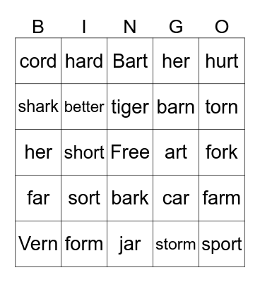 ar, er, or Bingo Card