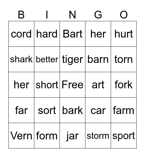 ar, er, or Bingo Card