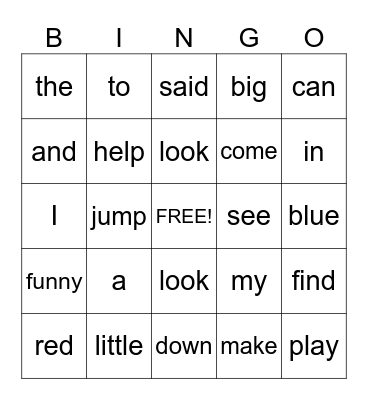 Sight Word Bingo Card