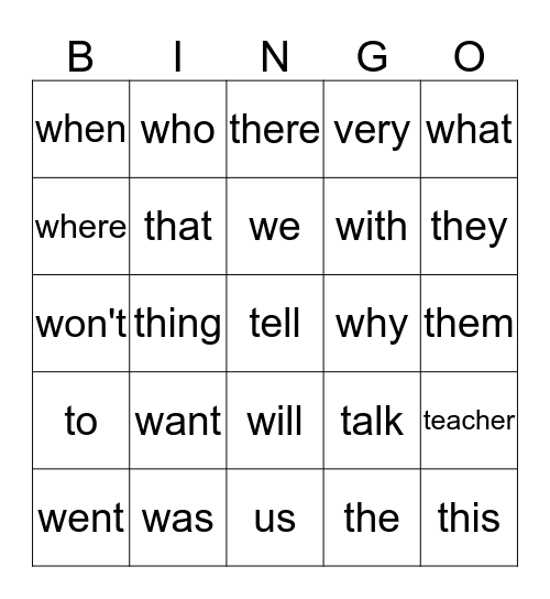 W's  &  T's Bingo Card
